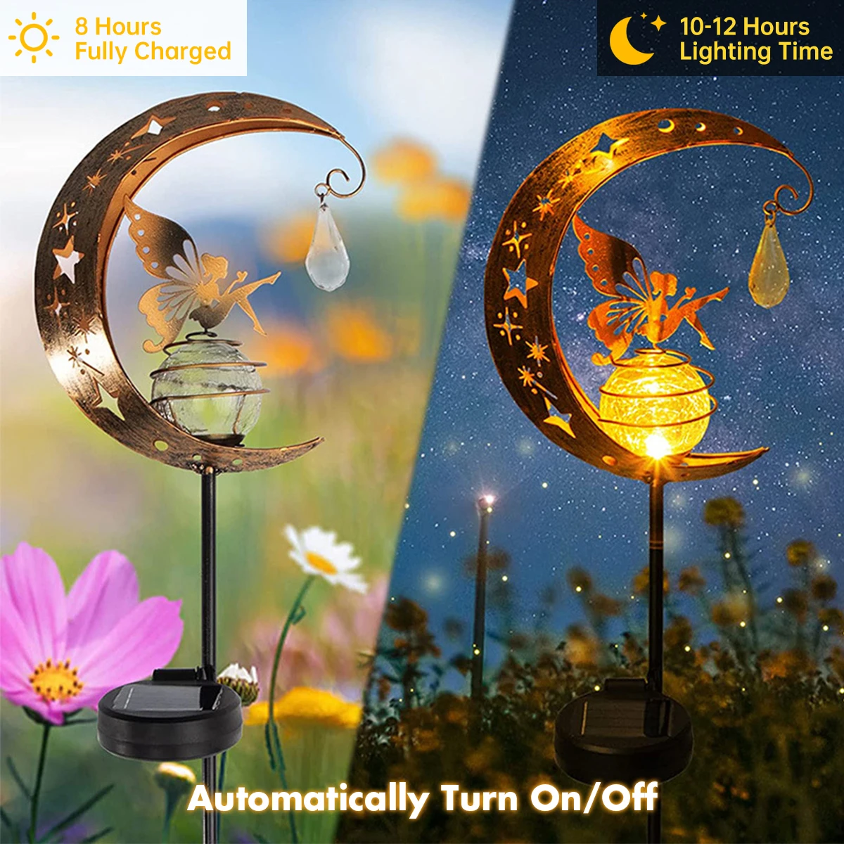 Decoração Solar ao ar livre Luz, Lua Fairy Lamp, Crackle Glass Globe com Angel, Pathway Stake, Ground Light