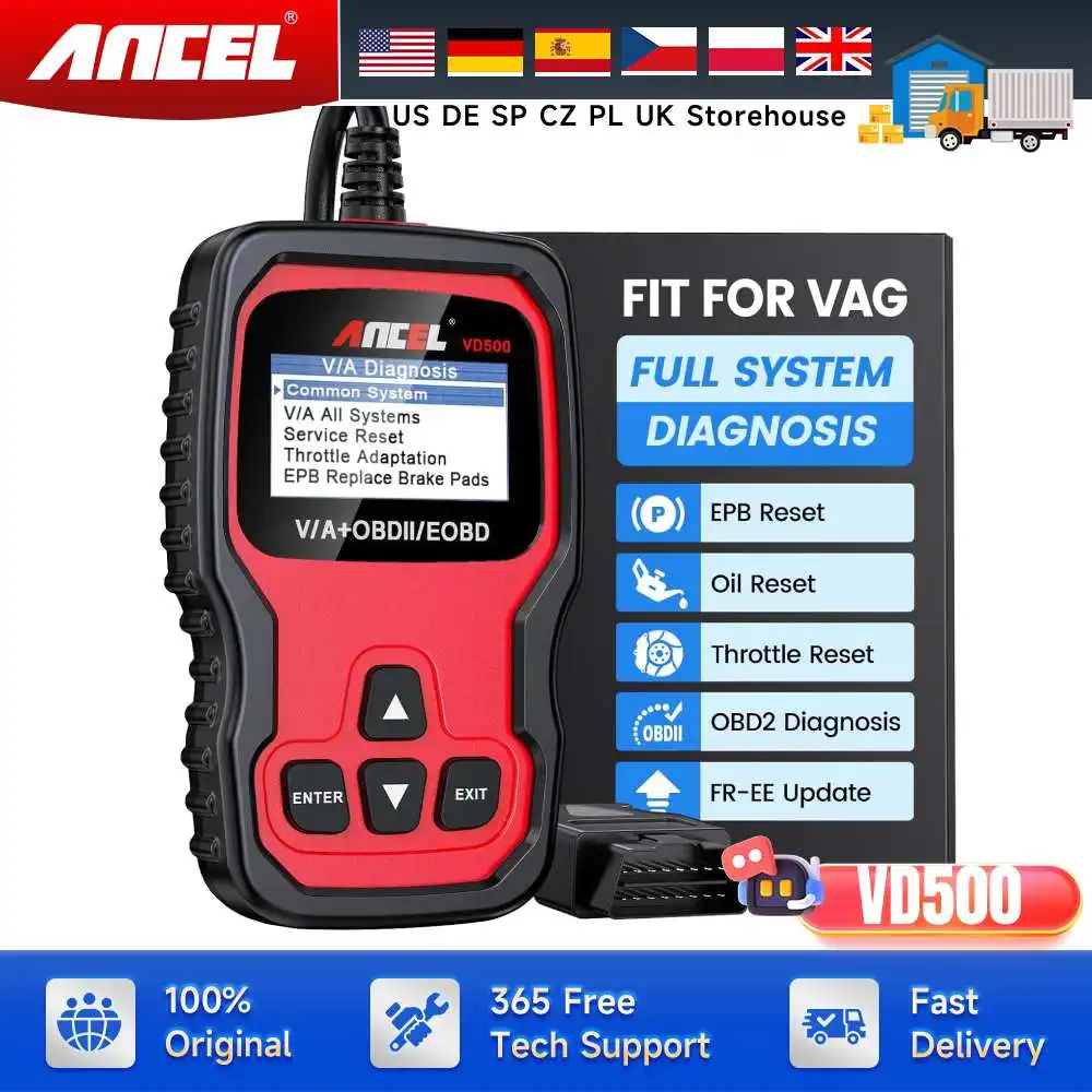 Ancel vd500 obd ii scanner de diagnóstico para V-A-G verificação leitor de código de luz do motor óleo epb acelerador redefinição obd2 scanner automotivo