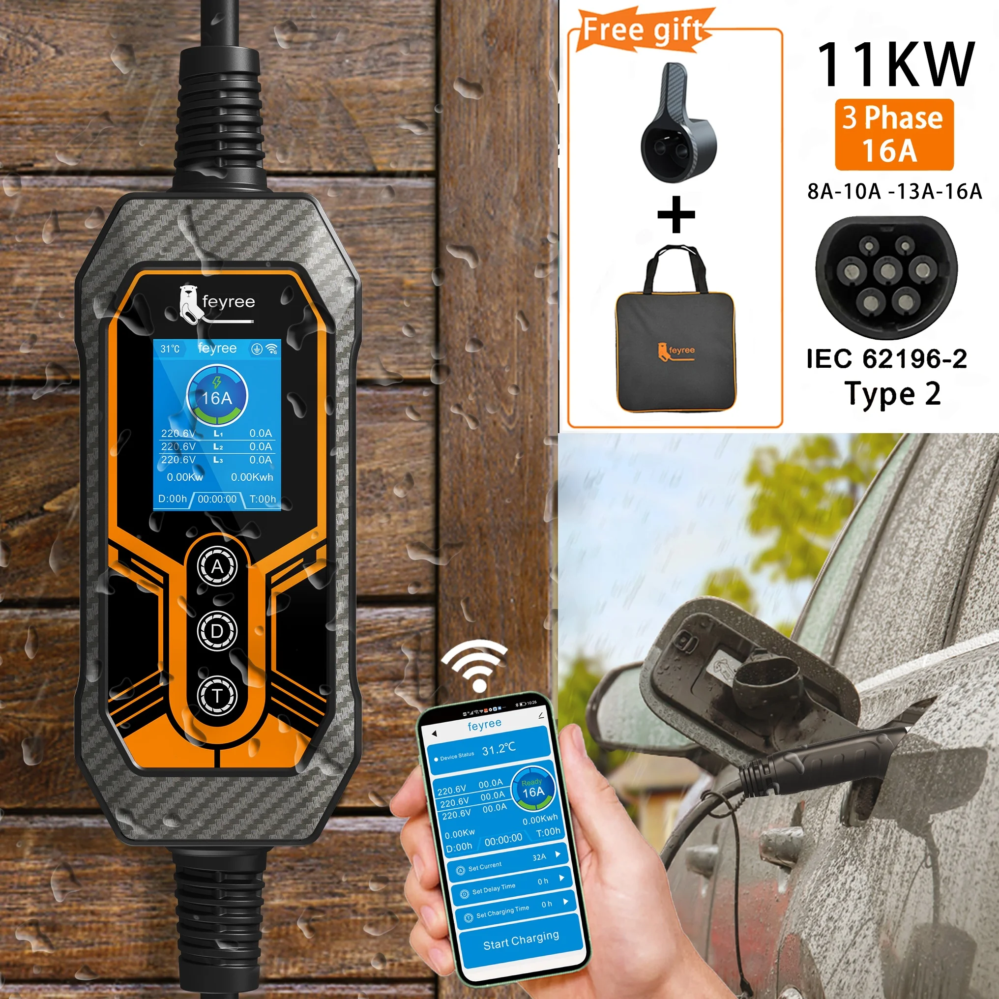 feyree 11KW 16A 3 相タイプ 2 ポータブル EV 充電器 Wi-Fi アプリ Bluetooth バージョン EVSE 充電ケーブル 5 メートル CEE プラグ電気自動車用