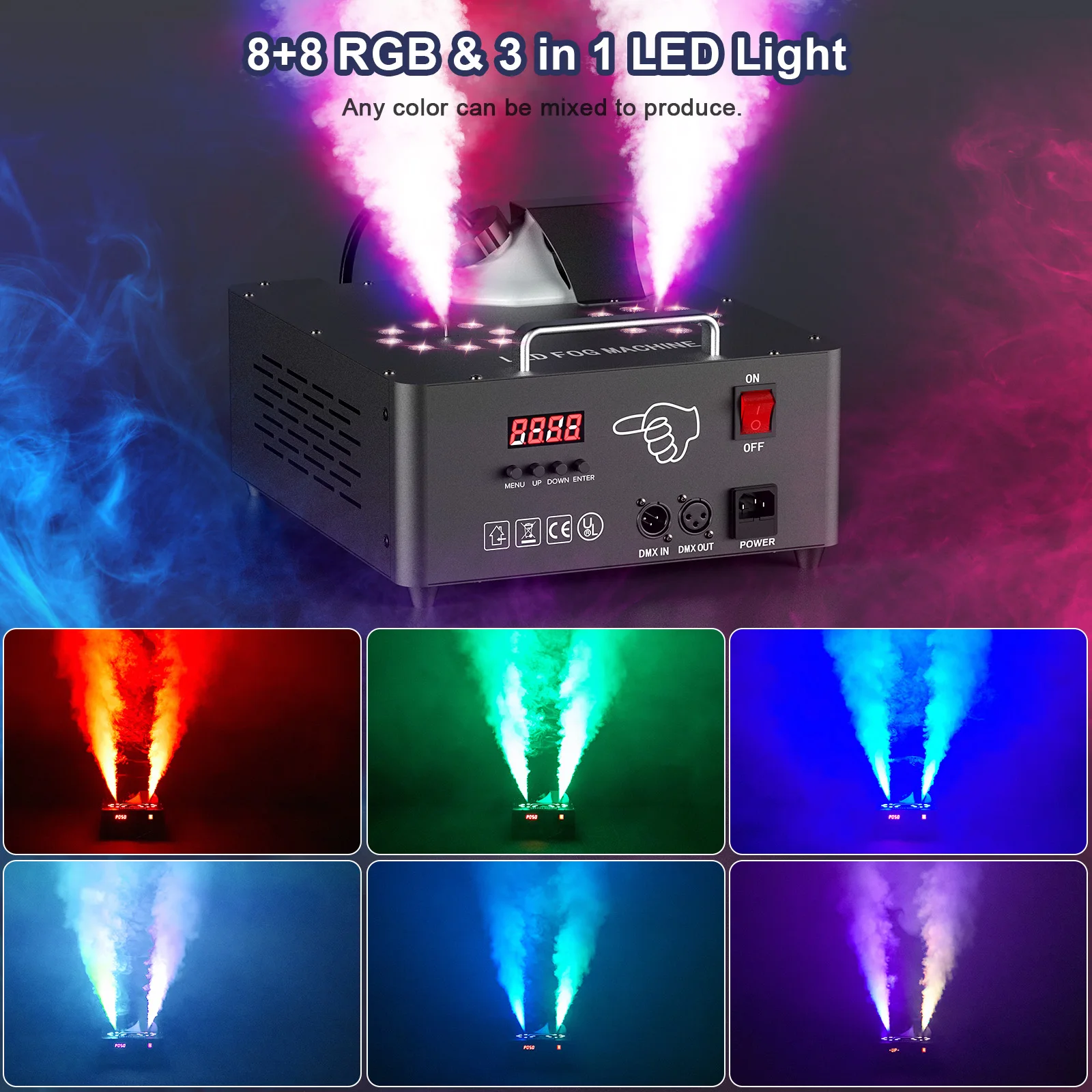 U'King 2000W Double tube réglable Machine à brouillard DMX512 13CH Machine à fumée 8 + 8 RGB 3 en 1 LED coloré DJ scène de mariage Spray