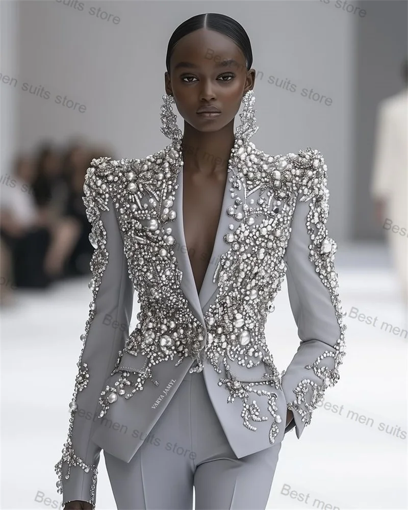 Ensemble de costume argenté brillant pour femmes, 2 pièces, Blazer + pantalon droit, veste de bureau formelle, perles, manteau de Tuxedos de mariage personnalisé