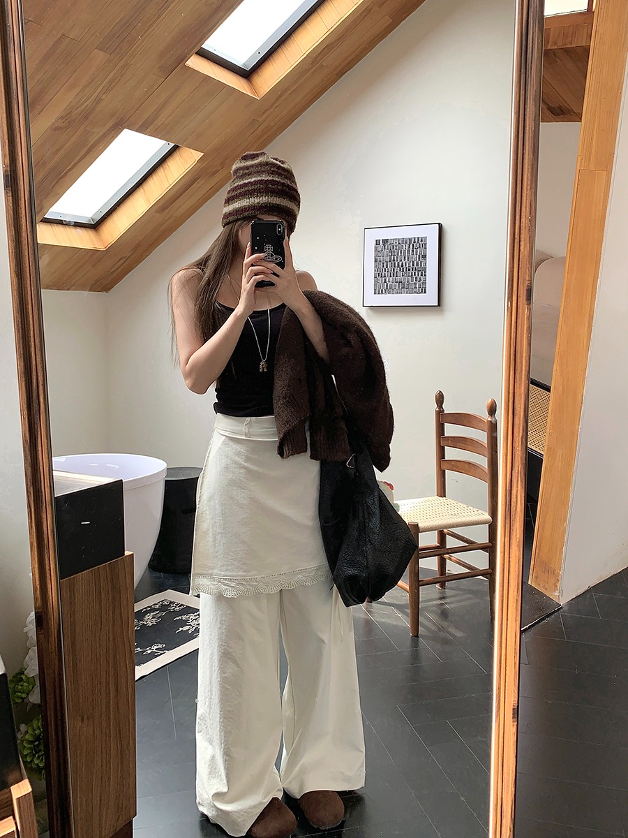 High Waist Wide Leg Straight Leg Pants Women's Spring Autumn New Sle Casual Lace Splicing Pants Loose Fit Floor Length