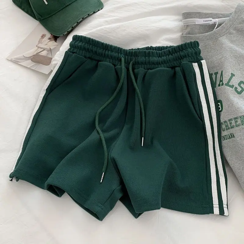Shorts esportivos com listras laterais para mulheres, moda casual solta minimalista de cintura alta com tudo que combina com verão, jogging fino, versão coreana