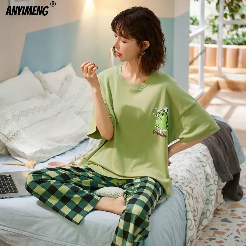 Novo pijamas de algodão dos desenhos animados para mulheres calças compridas manga curta verão primavera loungewear moda casa roupas homewear