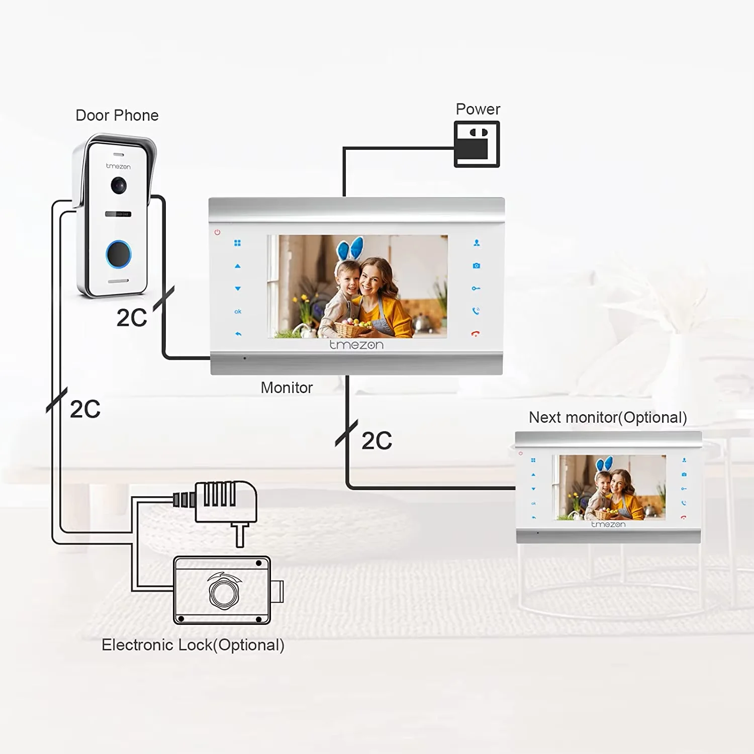 TMEZON Sistema de intercomunicação com campainha de vídeo porteiro de 2 fios, monitor de 7 polegadas com campainha com fio, botão de toque, tirachete/gravação