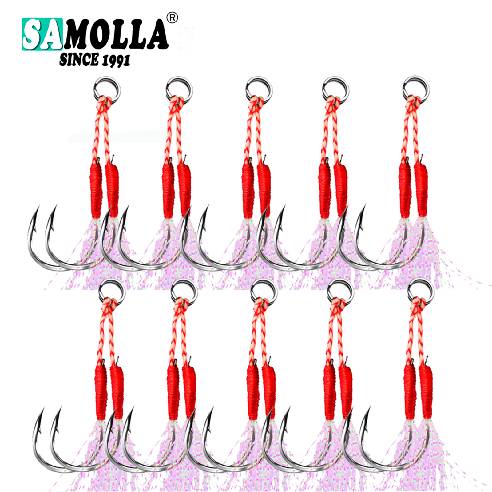 10 par/lote anzuelo de Pesca Jig doble par de anzuelos hilo de púas accesorios de plumas Pesca señuelo de Pesca de acero rico en carbono Jigging lento