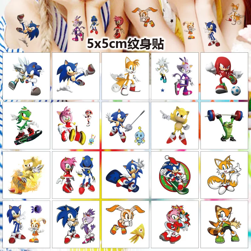 20PCS 만화 소닉 문신 스티커 물 전송 인쇄 일회용 문신 스티커 장난감 스티커