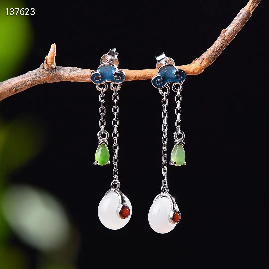 100% alami asli 925 perak murni bunga mosaik giok hetian Putih manik-manik gantung mode anting temperamen anting wanita