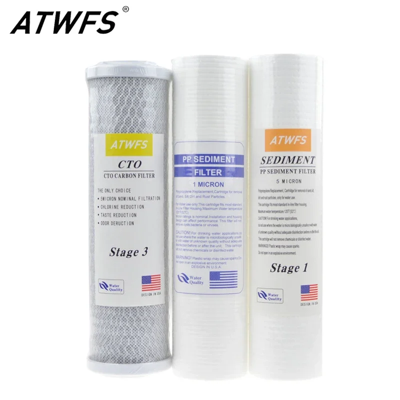 ATWFS 10 นิ้วเครื่องกรองน้ํา 5 ไมครอนผ้าฝ้าย PP Filter + 1 ไมครอน PP Filter + ตลับกรองคาร์บอนที่เปิดใช้งาน