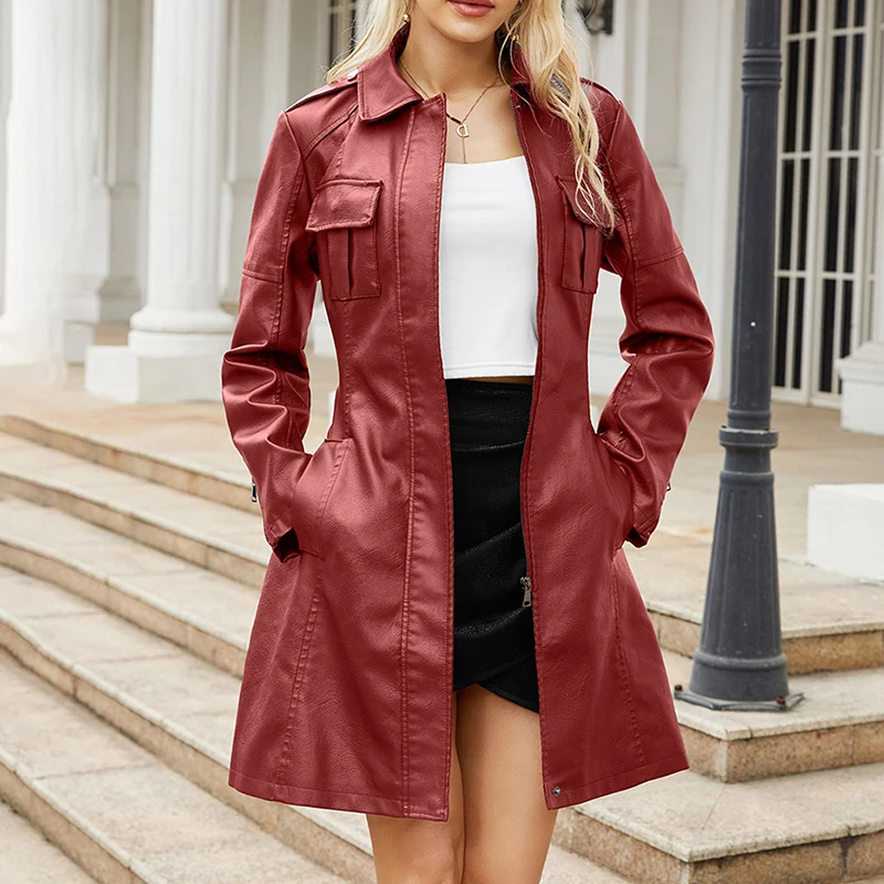 Leder bekleidung Damenmode einfarbig Revers Reiß verschluss schlanke Langarm mit Gürtel Kunstleder elegante Büro Straßen jacke