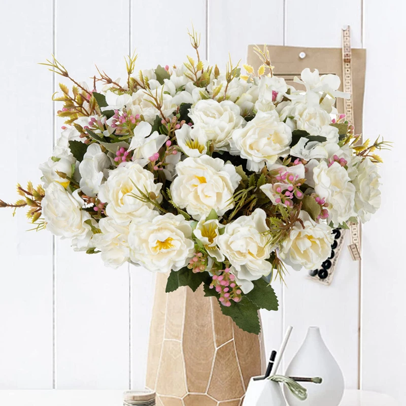 Ramo de flores artificiales para decoración del hogar, 5 tenedores, 8 cabezas, pequeño, peonía, plantas decorativas, coronas, jarrones, accesorios de boda