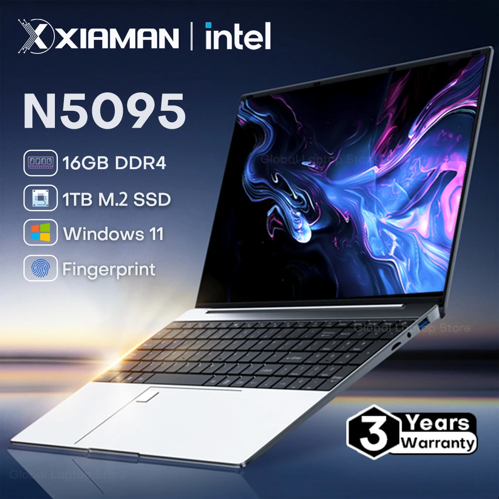 Xiaman 15,6 "ordenador portátil Intel Celeron N5095 Notebook PC Gamer 16GB RAM 1TB 2TB SSD Oficina estudio PC Windows 11 Pro portátiles
