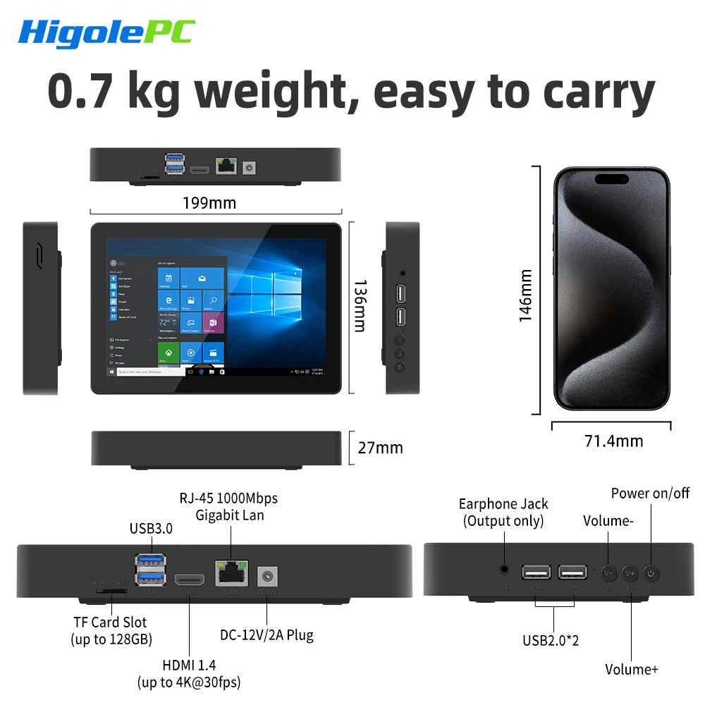 Higole F3APL 8'' Fanless Mini PC Intel N4200 Windows 10 WiFi5 4GB 64GB 2340mAh with Screen 4K Laptop Desktop PC Mini Computers