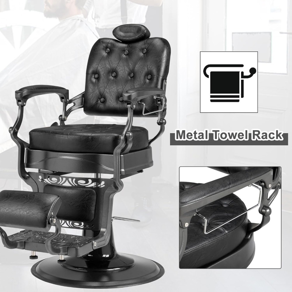Heavy Duty Vintage Recline Barber Chair Hydraulic with Headrest, Supports up to 700lbs & 360°Rotatable, Professional Salon