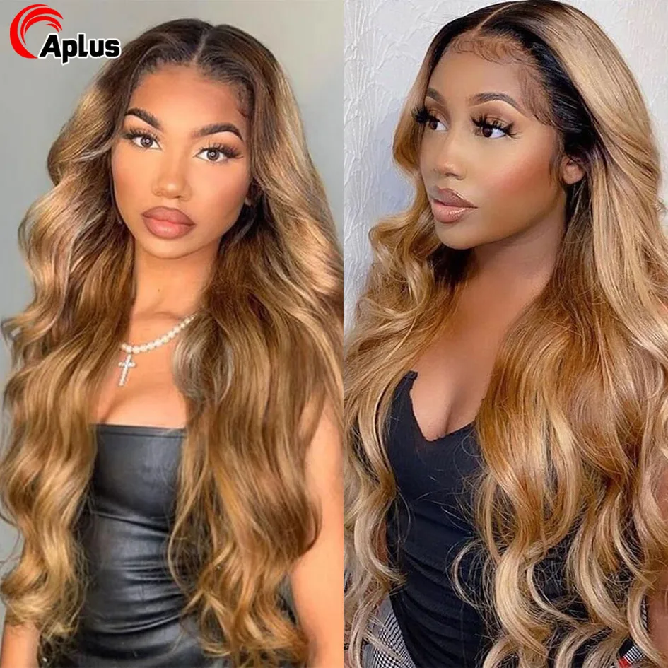 Peruca frontal de renda HD para mulheres, perucas de onda corporal, peruca de destaque, louro mel, ombre, cabelo humano colorido, 1b, 27