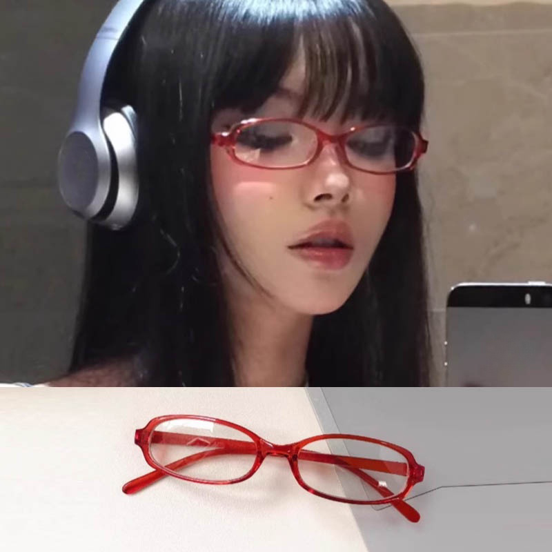 2024 女の子 Y2K レッドグリーンフレームガラスレトロオーバルメガネ眼鏡装飾コンピュータ抗青色眼鏡海辺運転