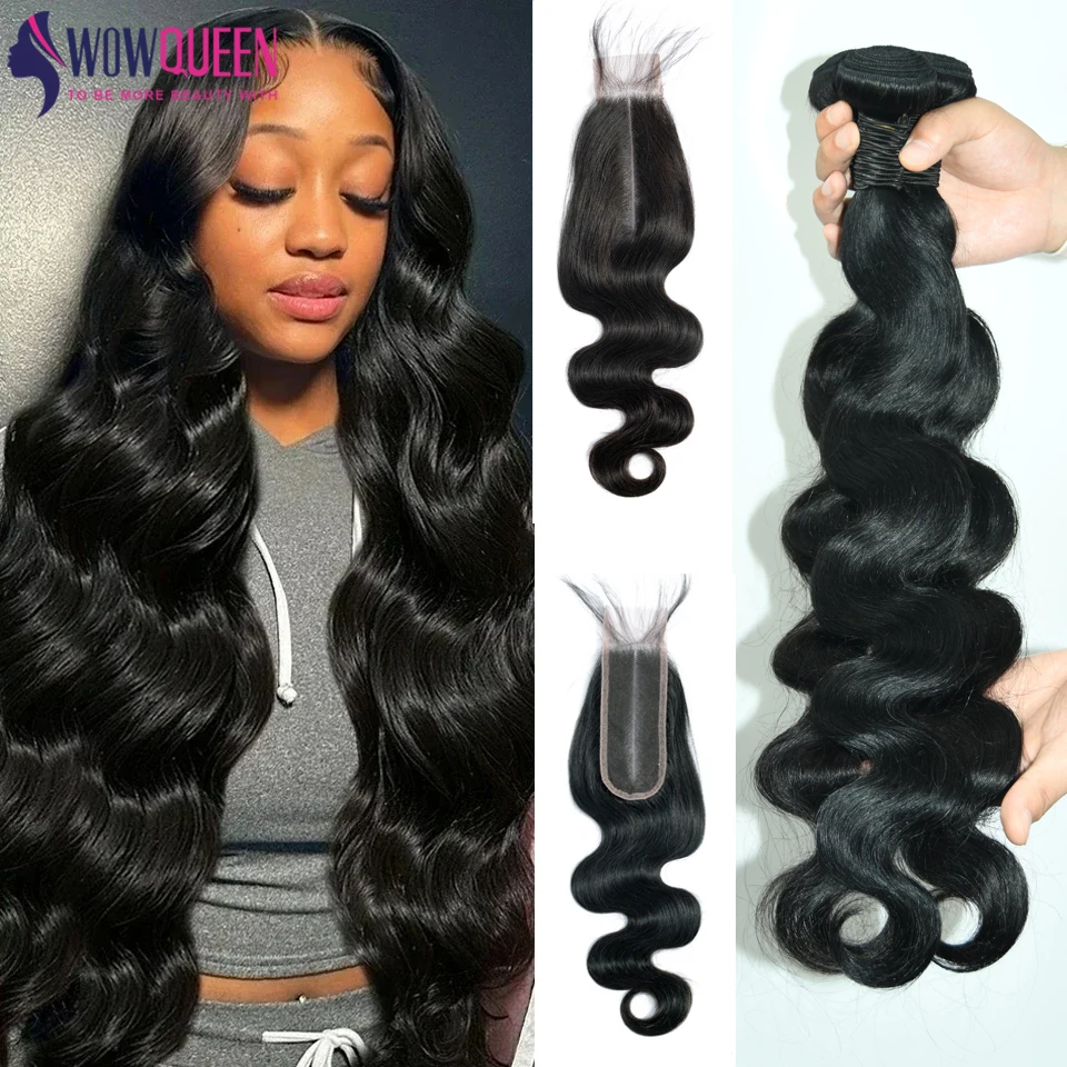 Pacotes brasileiros da onda do corpo com fechamento, cabelo humano natural, fechamento do laço, 3 Pacotes, 4 Pacotes, 2x6, 4x6
