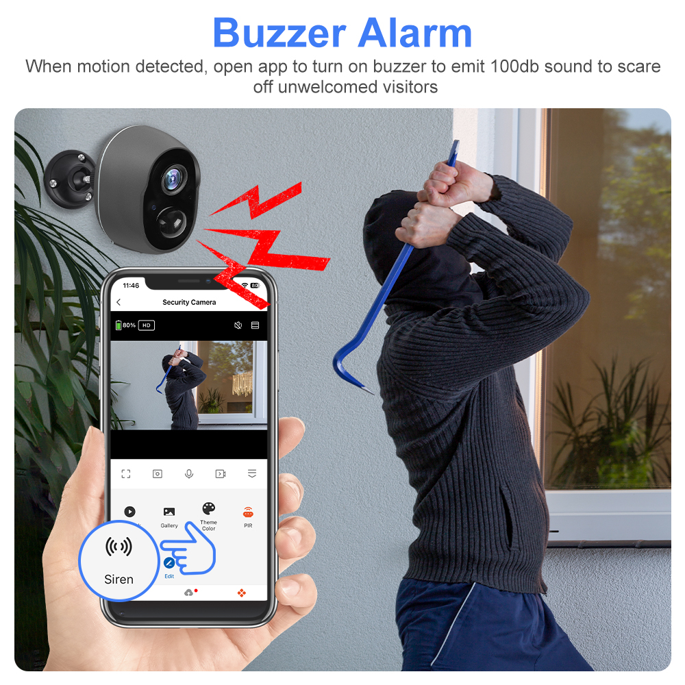 3MP Tuya Smart Life APP Rechargeable Battery Wireless WiFi Outdoor Solar Infrared Buzzer Siren Security Surveillance CCTV Camera