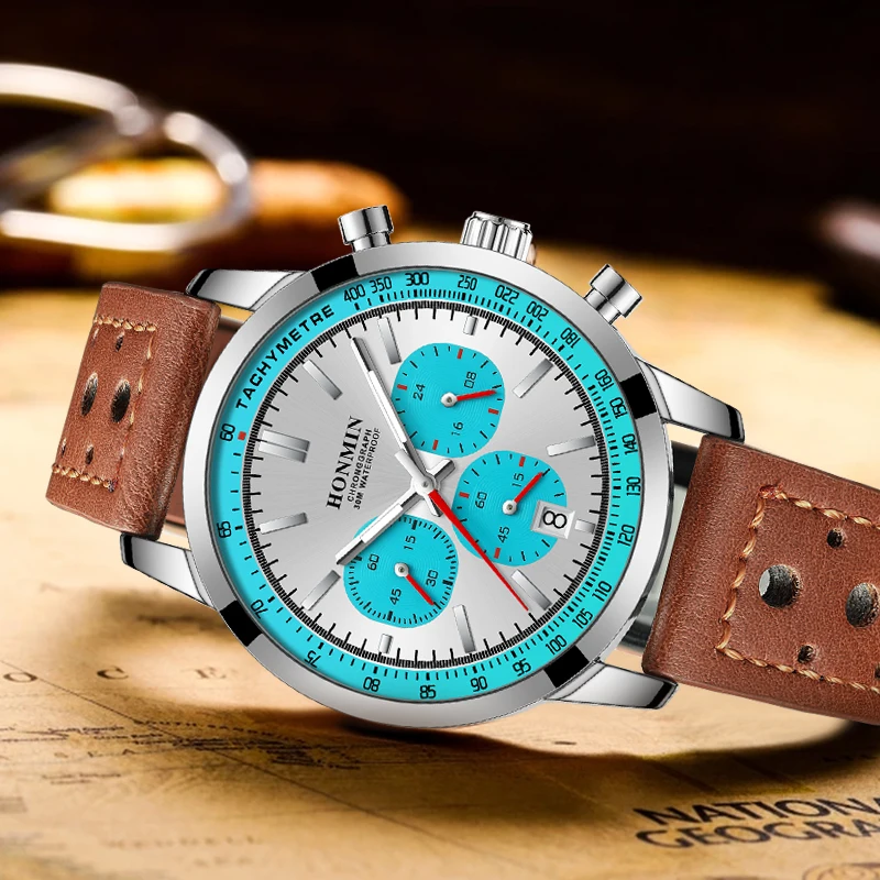 Reloj HONMIN de lujo para hombre, cronógrafo resistente al agua de alta calidad, reloj de pulsera luminoso para hombre, relojes de cuarzo de cuero para hombre, reloj informal