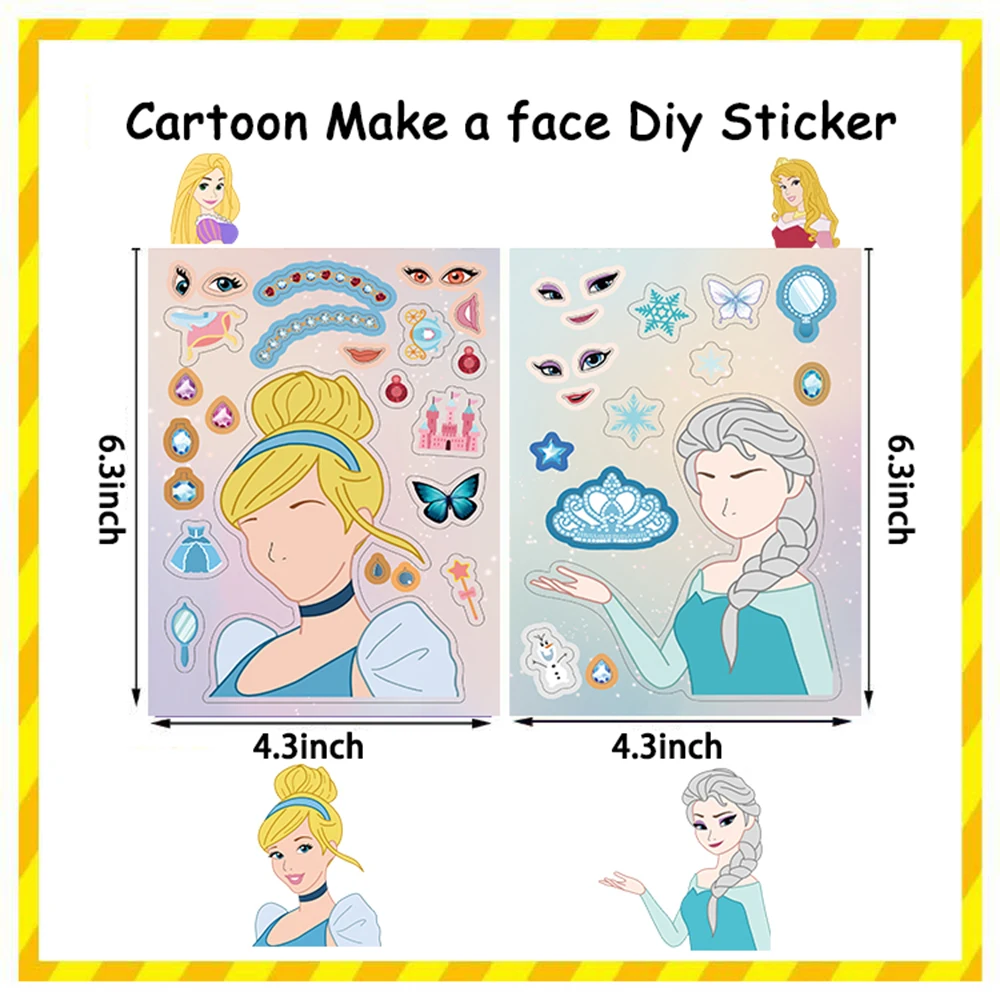 8/16 시트 디즈니 공주 어린이 DIY 퍼즐 스티커 게임 Make-a-Face 조립 퍼즐 데칼 어린이 교육 장난감 파티 선물