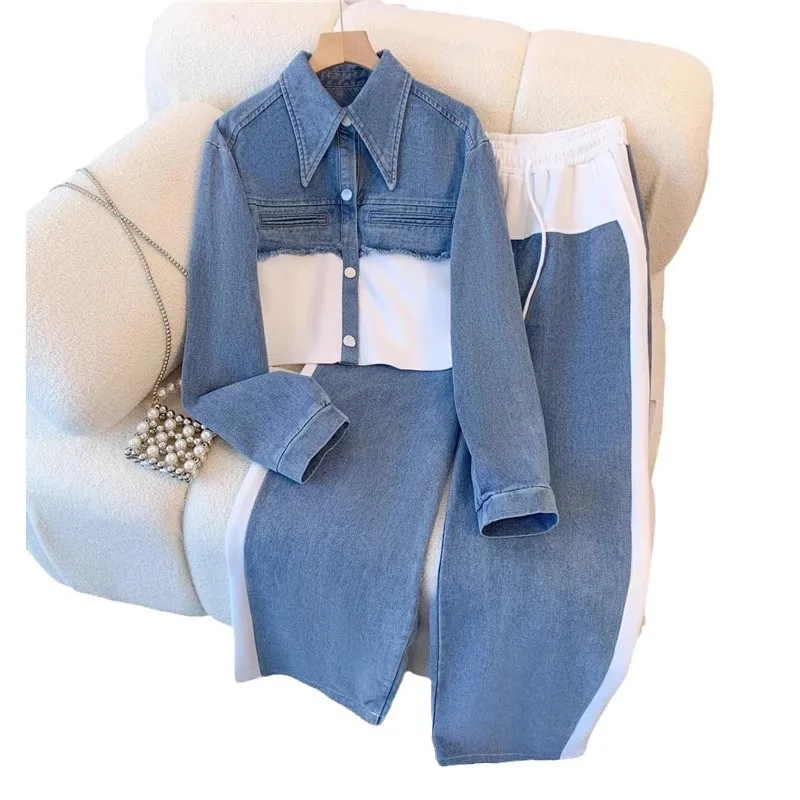 Zwei Stück Sets Frauen Hose Set Denim Splice Passenden Sets Frühling Top Breite Bein Lange Hosen Beiläufige Lose Spitze Up Hohe Taille Jogger