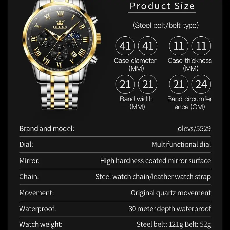 OLEVS 5529 reloj de marca de lujo para hombre, resistente al agua, luminoso, de acero inoxidable, con código de sincronización de fase Lunar, nuevo reloj de cuarzo para hombre
