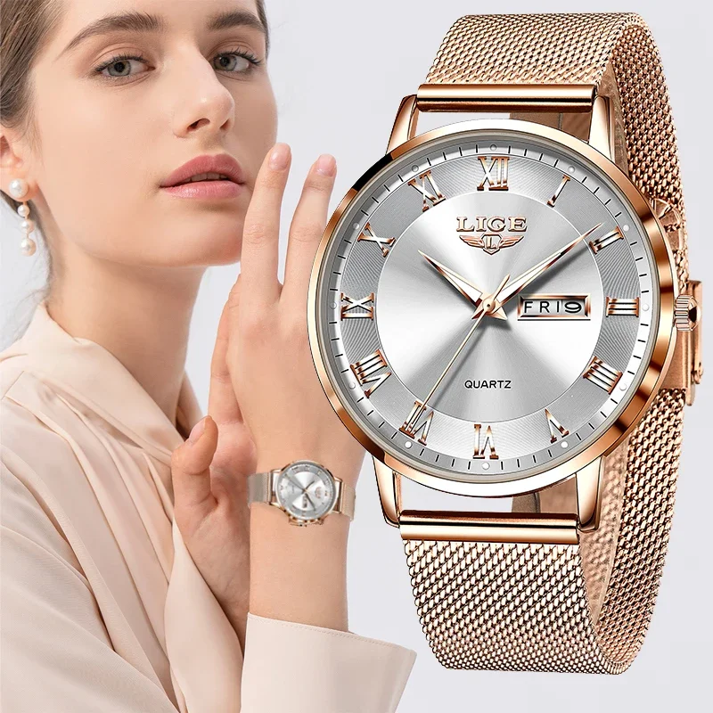 Marca LIGE, reloj de lujo a la moda para mujer, resistente al agua, correa de malla de acero y oro rosa, relojes de pulsera para mujer, relojes de pulsera, reloj femenino