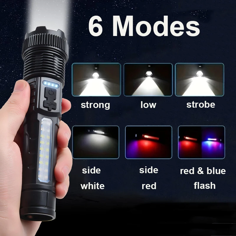 2 uds linternas LED recargables 6 modos linterna superbrillante con zoom para acampar al aire libre senderismo