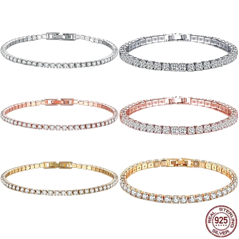 Nueva exquisita pulsera de tenis de Plata de Ley 925, tendencia Hip Hop, Color dorado, pulsera para hombres y mujeres, regalo de joyería de cristal
