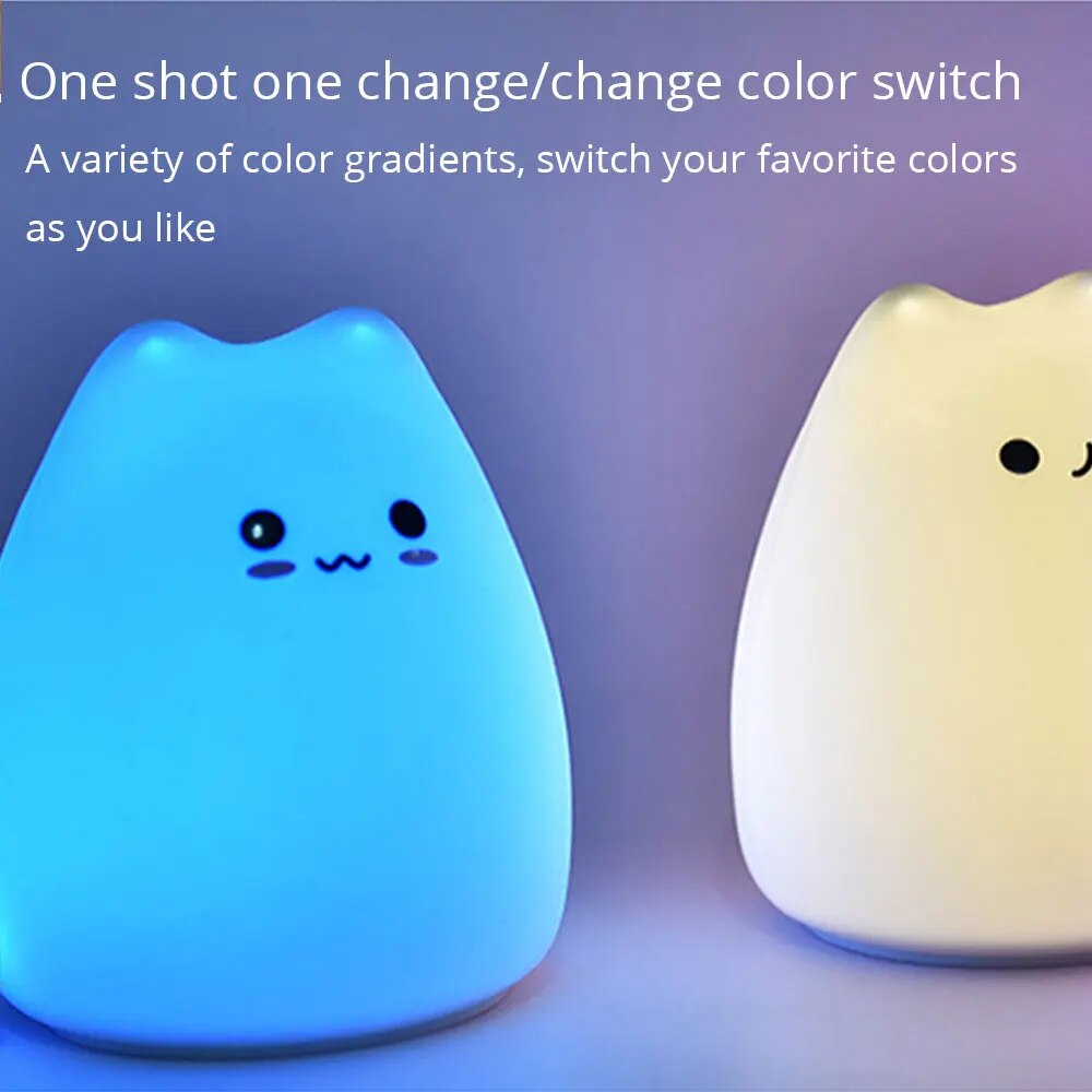 Touch Night Light Gatto colorato Silicone Animale Luce Luci a LED Lampada in silicone per cartoni animati Decorazione camera da letto Luci Illuminazione da comodino