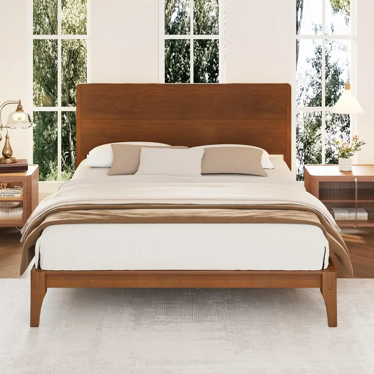 Full Size Bamboo Platform Bed, Mid-Century Modern Bed Frame with Tall Headboard, Wood Slat Support, No Box Spring Needed,Brown