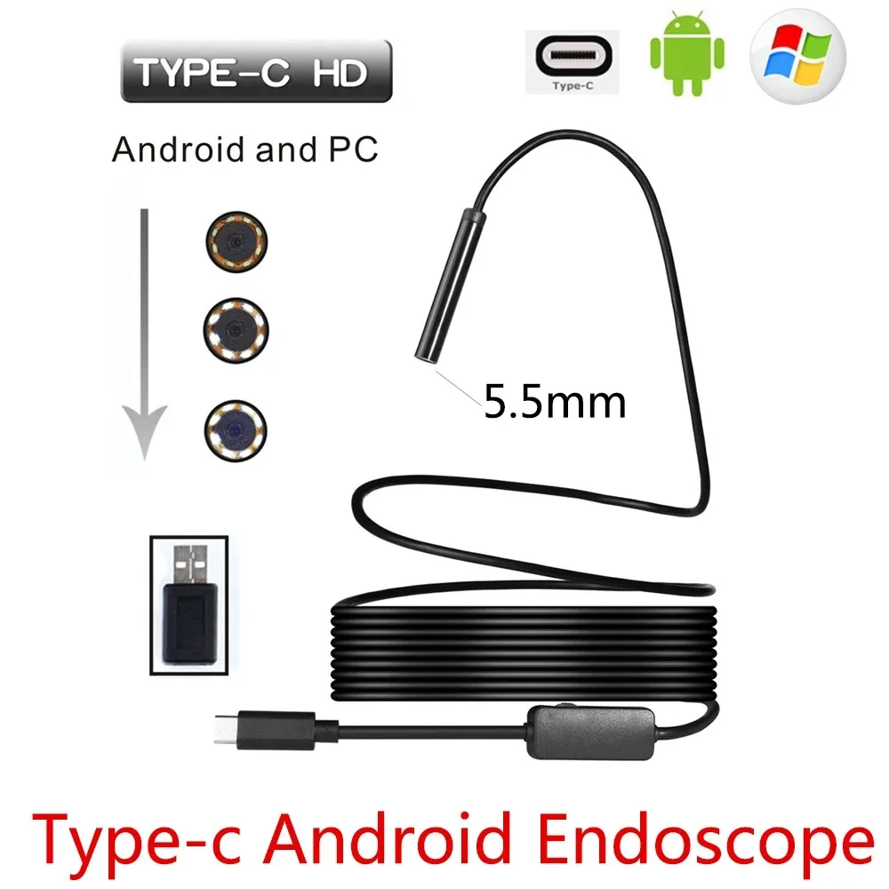 5,5 mm USB Typ-C Android Endoskop Kamera Flexible Schlange USB Typ C Hartdraht 1M 2M 3M 5M 10M Kabel Inspektionskamera Endoskop