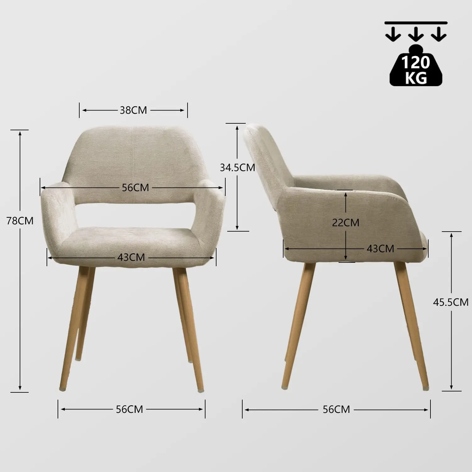 Dining Chairs Set of 2 with Arms Fabric Upholstered Seat Backrest Armchair for Dressing Table Desk Lounge Living Roo