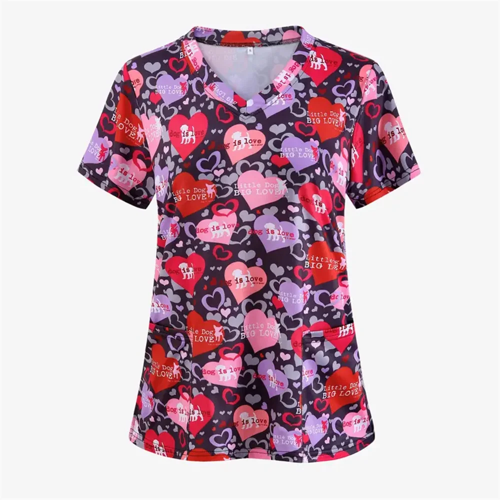 Impressão esfrega topo feminino com bolsos com decote em v esfrega uniformes pet grooming enfermeira spa cuidados camisa uniformes de enfermería para mujer