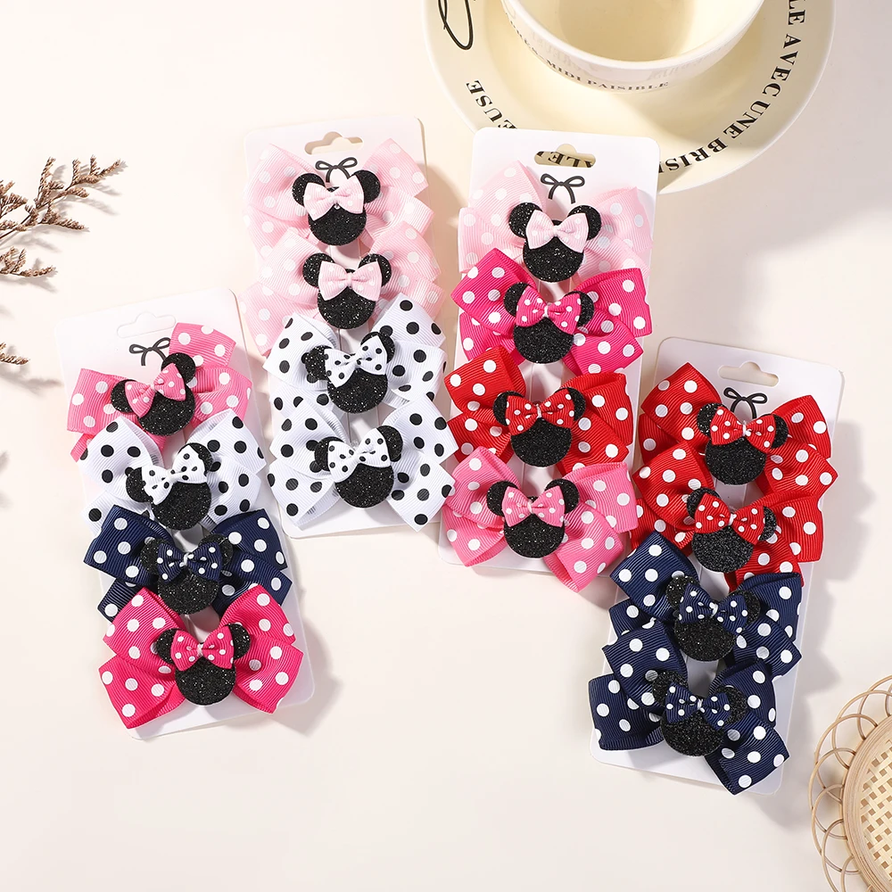 4 pçs/lote bebê menina adorável bolinhas arco grampos de cabelo para o cabelo crianças dos desenhos animados grampos de cabelo boutique vestido acessórios para o cabelo presente conjunto