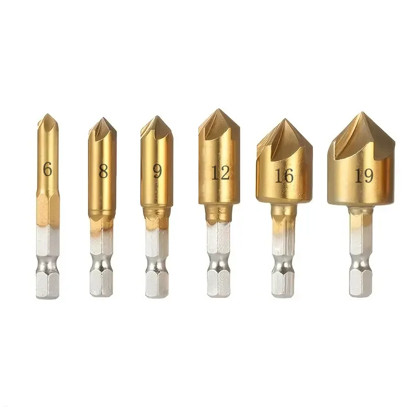 Juego de brocas para avellanado TS, 6 uds., vástago hexagonal de 1/4 ", 90 grados, 5 flautas, HSS, herramienta de corte central de biselado para madera, Chan rápido