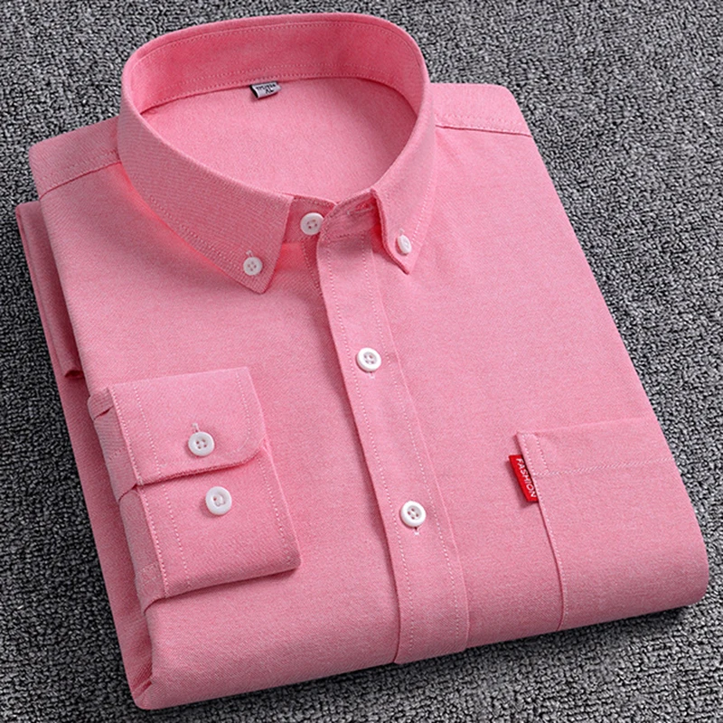 Camisas Oxford de manga larga para hombre, 100% algodón, Color sólido, cuello vuelto, ajuste Regular, ropa diaria para hombre, camisas de fácil cuidado para hombre