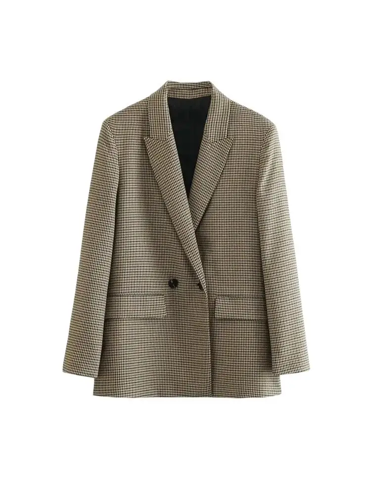 Damska moda Dwurzędowa marynarka w kratę Vintage Długi rękaw Kieszenie z klapami Odzież wierzchnia dla kobiet Eleganckie vestes femme