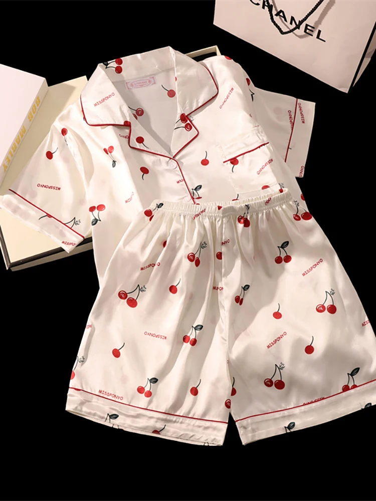 Conjunto de pijamas de seda com estampa cereja para mulheres verão camisa de manga curta e shorts duas peças pijamas homewear