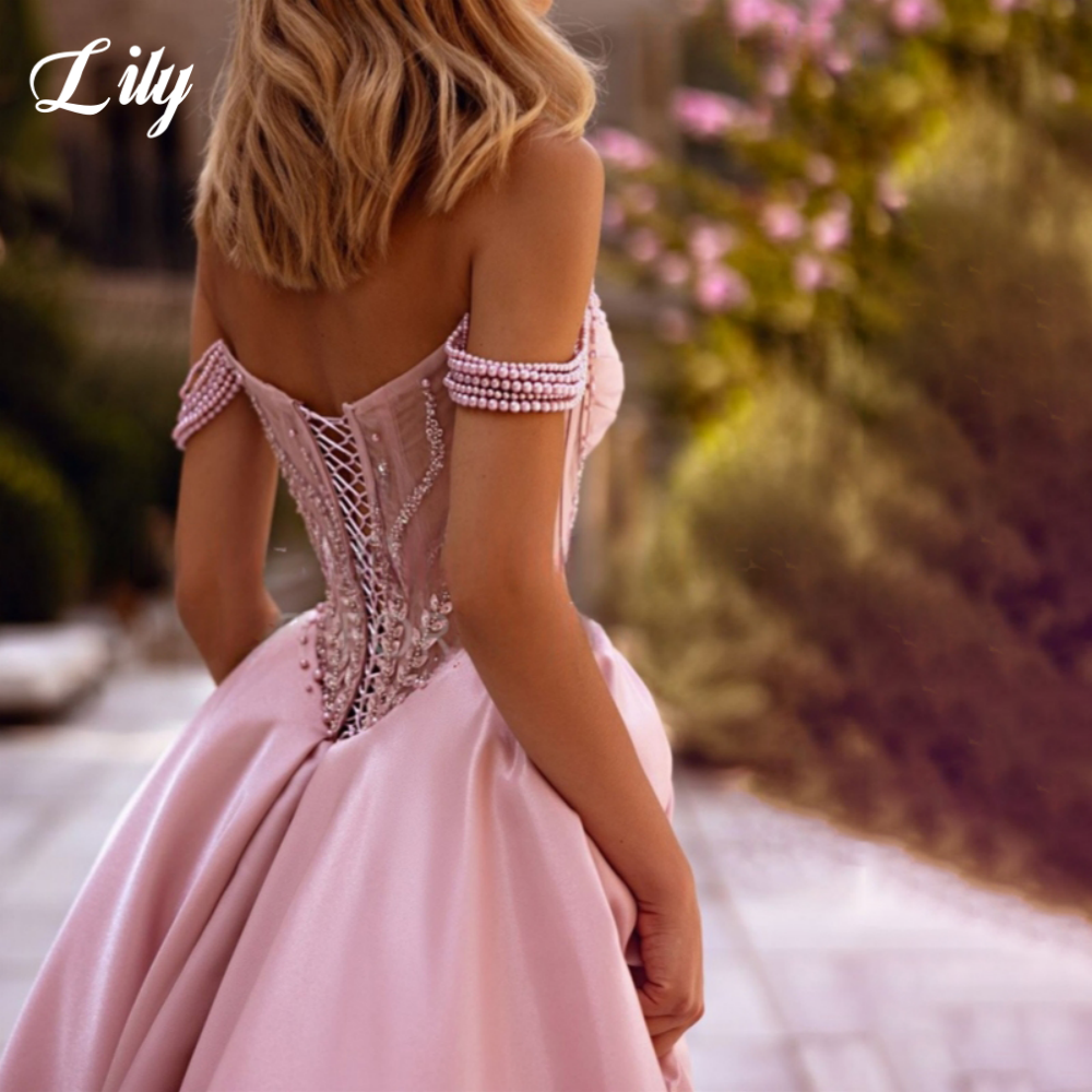 Lily Pink A-Line Vestido de baile fora do ombro sem costas Vestidos de festa Querida Pérolas Vestido de noite formal Andalفسات