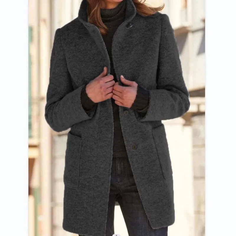 Women Vintage Solid Color Stand-up Collar Tweed Jacket Autumn Winter Warm Commuter Outerwear Single-breasted Cardigan Long Coat