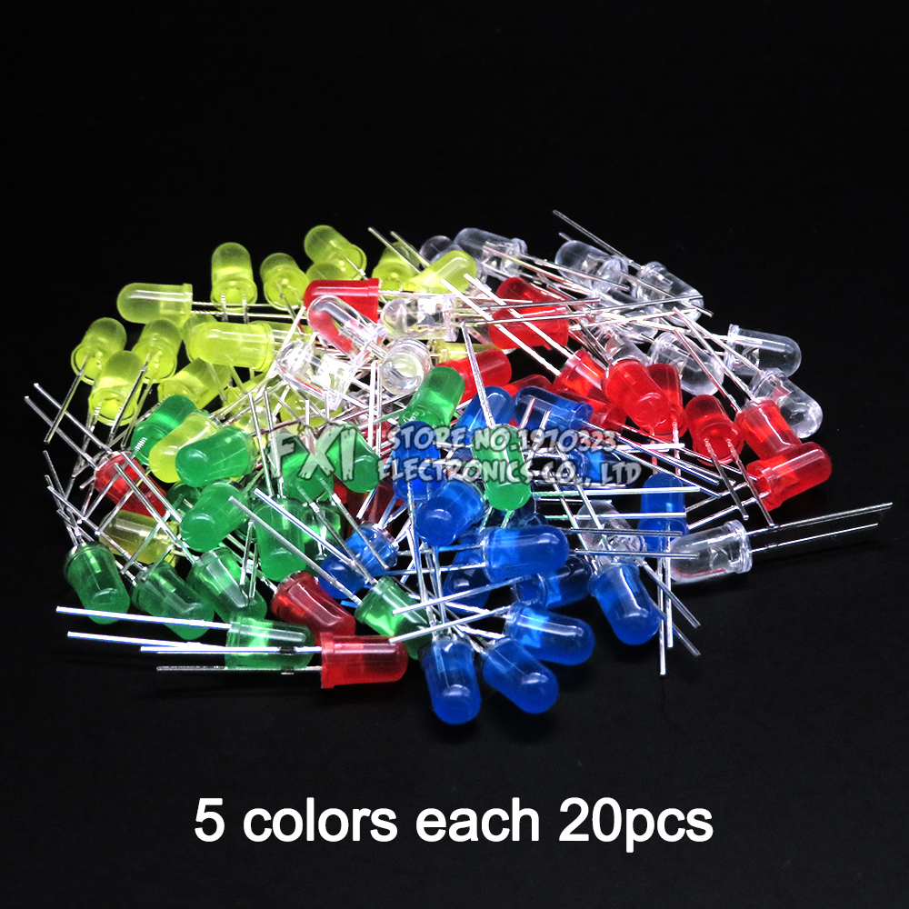 100 個 F5 LED ダイオード 5 ミリメートル詰め合わせキット白緑赤青黄オレンジピンク紫ウォームホワイト DIY キット発光ダイオード bxv