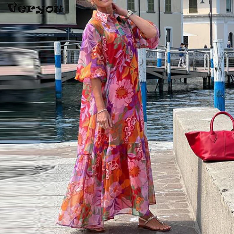 Plus Größe Kleid Frauen Drehen Unten Kragen Blume Gedruckt Lange Kleid Boho Strand Holidyay Kleider Für Frauen Casual Halbe Hülse Lose