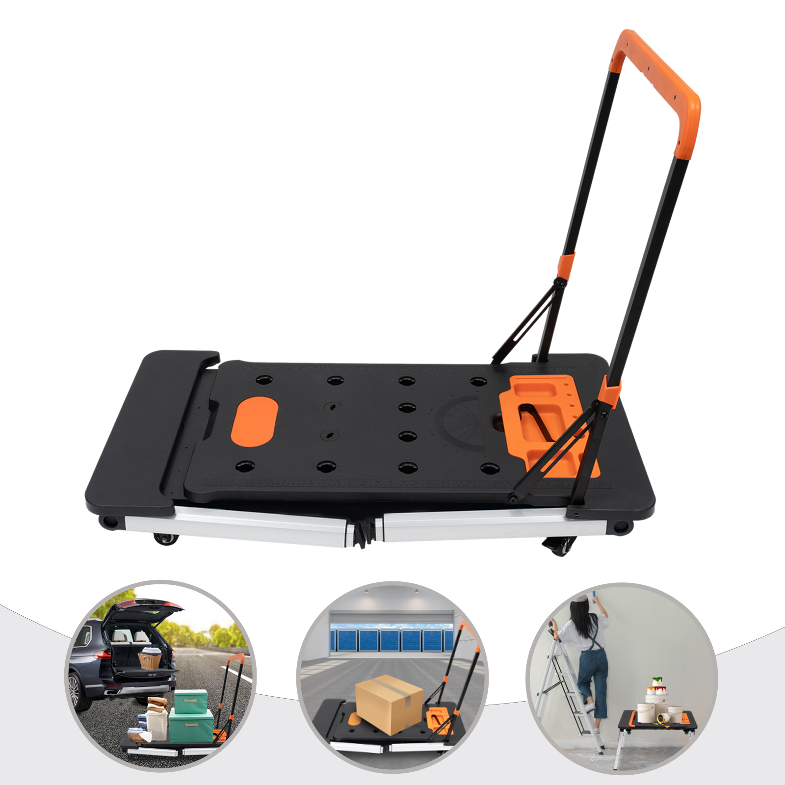 Soporte de trabajo plegable 7 en 1 con ruedas, altura ajustable portátil, caballo de sierra, plataforma, tablero con ruedas, carrito de transporte, carrito de mano