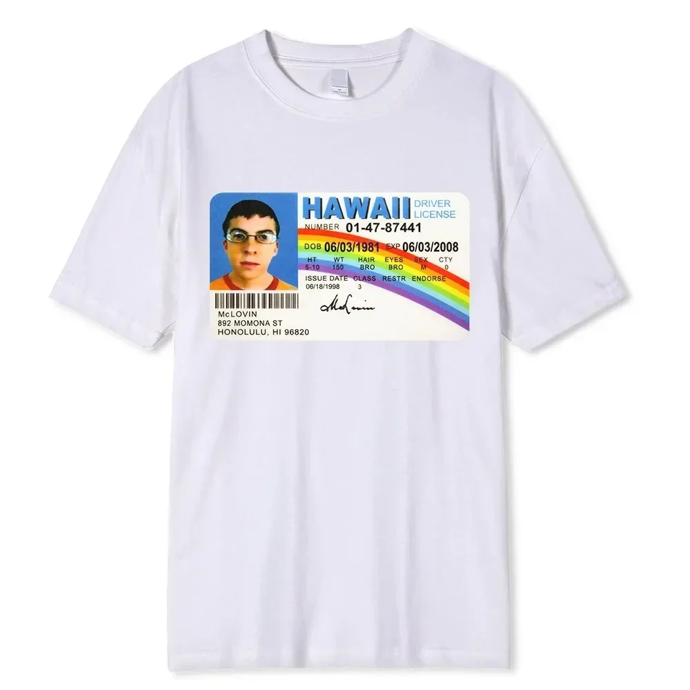 เสื้อยืดผู้ชายตลกฤดูร้อน mclovin ID Card เสื้อยืดพิมพ์ลาย superbad geek เสื้อแขนสั้นแนวสตรีทแฟชั่นเสื้อยืดโอเวอร์ไซส์ผ้าคอตตอน