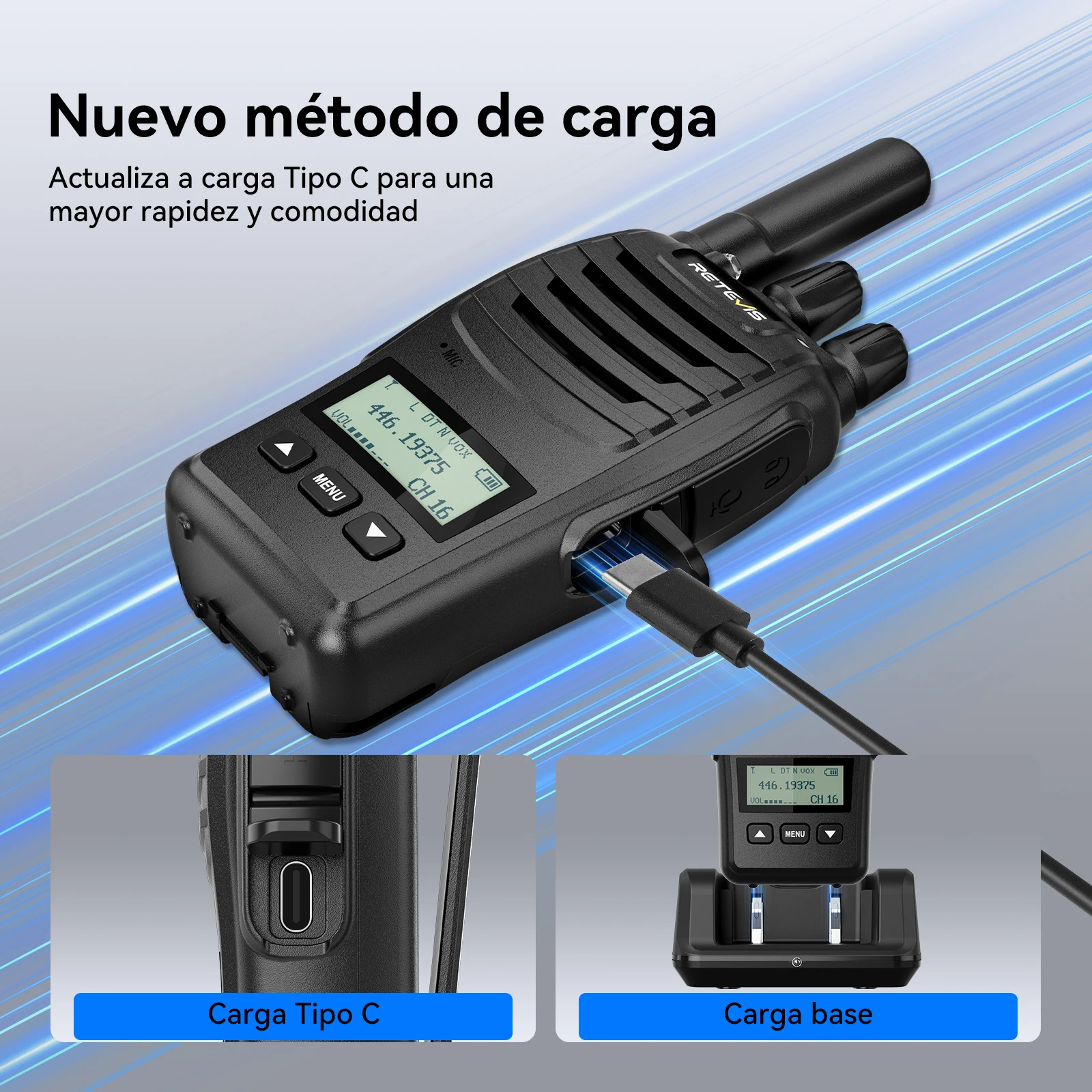 Retevis H777D (H777 mejorado) Walkie-talkie portátil con pantalla LCD, sin licencia, radio de largo alcance tipo C para camping