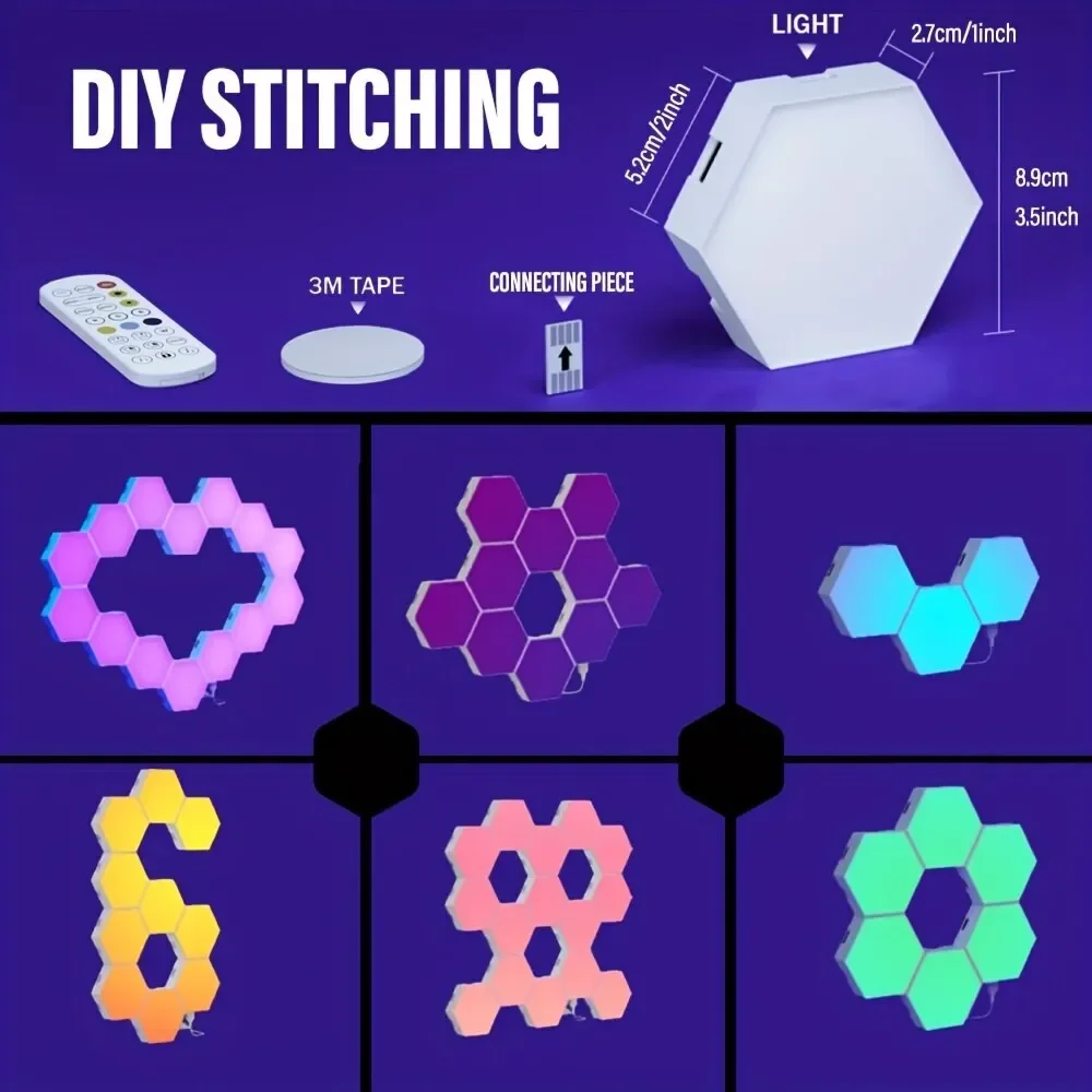 Lámpara de pared Hexagonal inteligente RGB, luz nocturna ambiental que cambia de Color, forma DYI, ritmo musical, Control por aplicación para sala de juegos y dormitorio