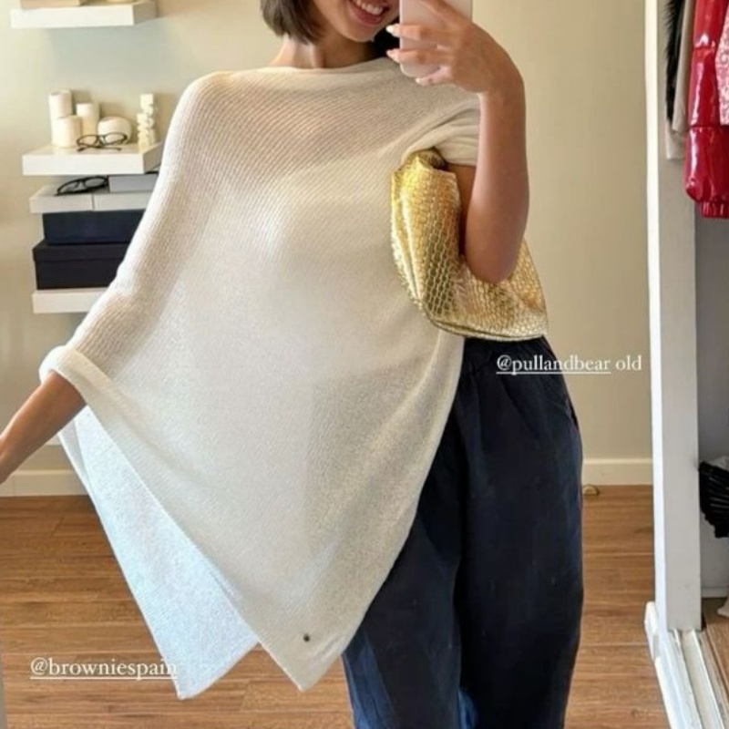 Durchsichtiges Poncho-Oberteil für Damen, leicht gestrickt, Achselzucken, Schal, schulterfrei, Netzbluse, Überwurf-Oberteile