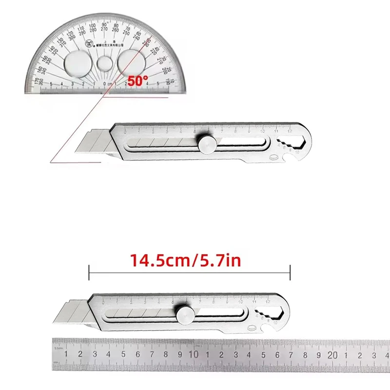 Coltello multiuso Taglierina per righello Coltello a scatto retrattile in acciaio inossidabile Coltello e lame Strumento di misurazione manuale