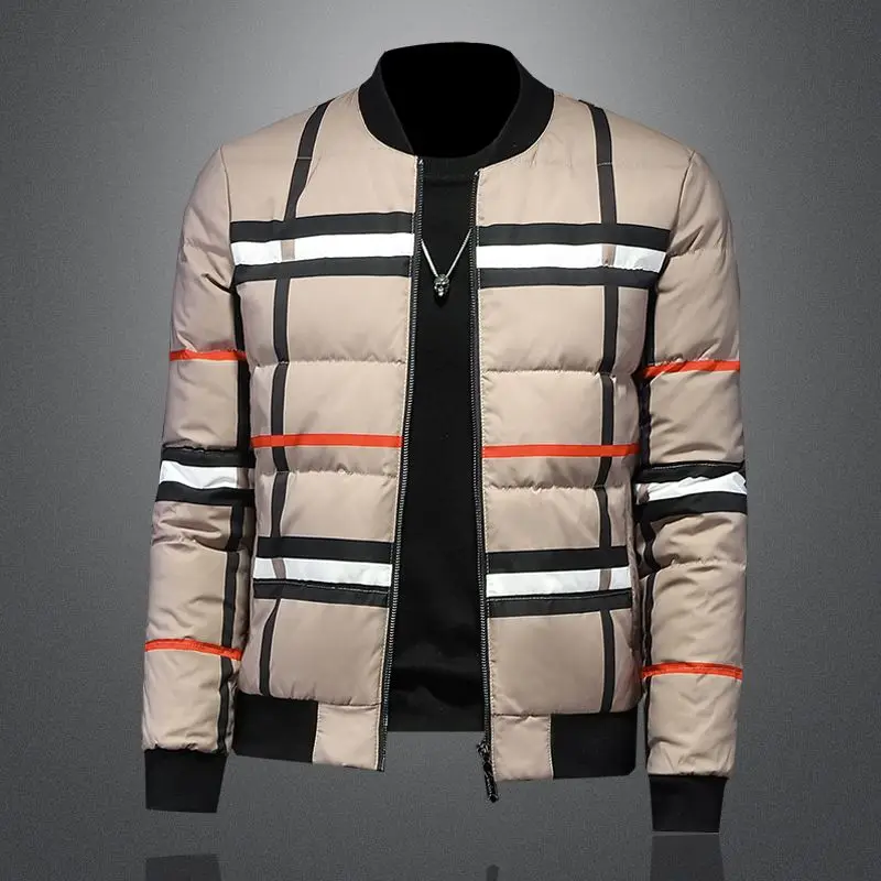 Chaqueta de plumón de pato blanco informal de invierno con cuello de béisbol para hombre, chaqueta a cuadros, top grueso con cuello levantado
